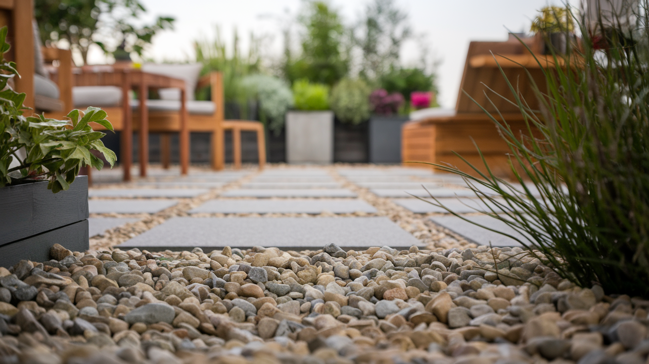 terrasse-gravier-plantes-meubles-bois