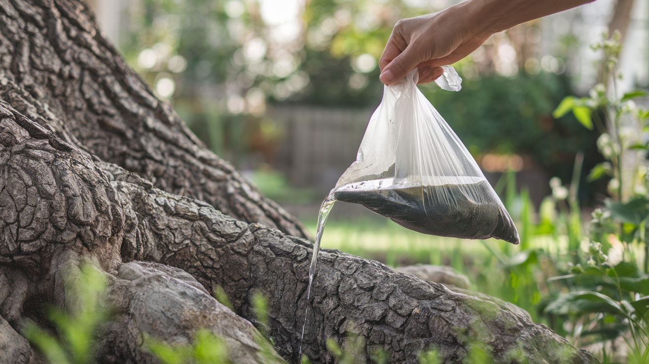 main-bouteille-plastique-arbre-jardin