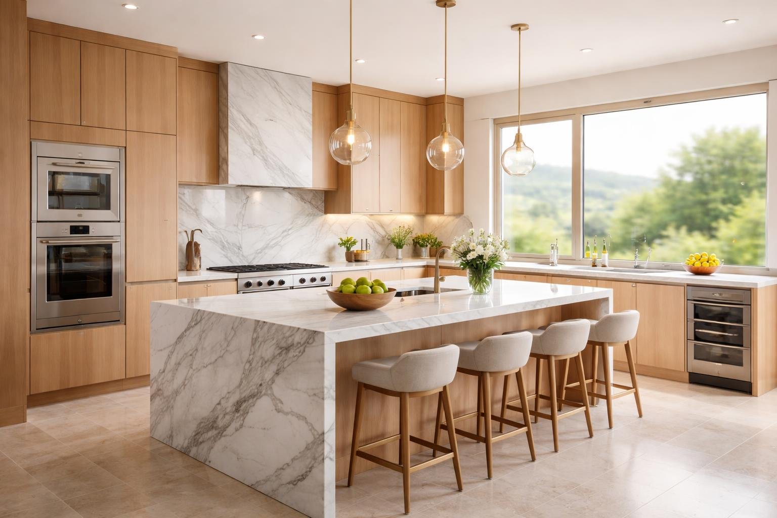 cuisine-moderne-ilot-bois-clair-marbre