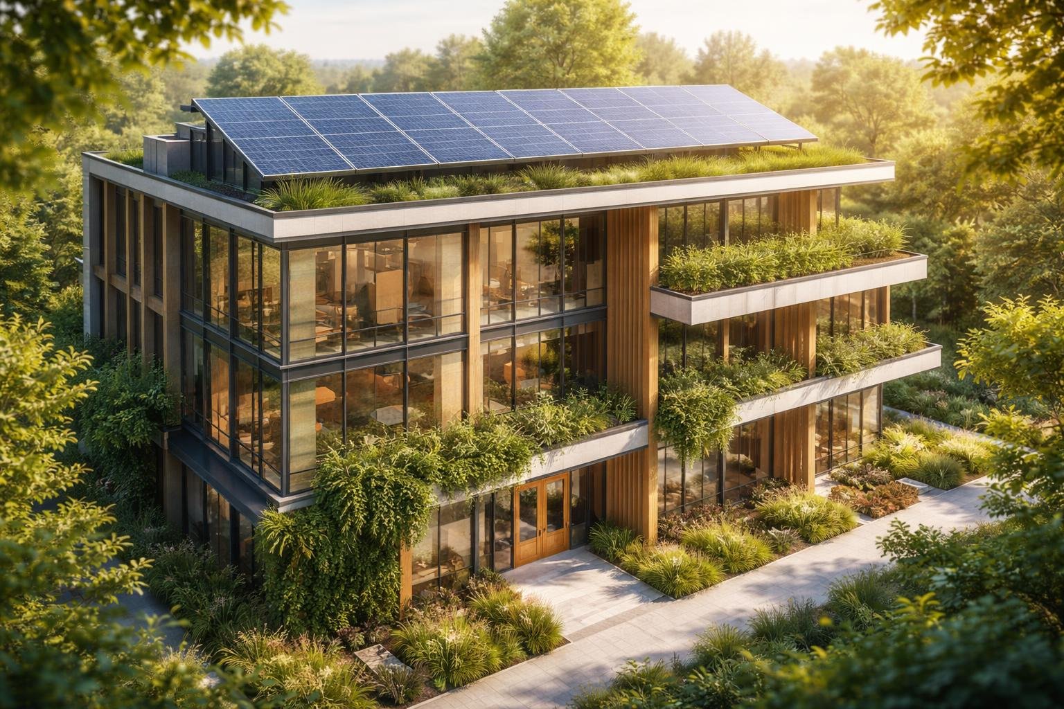 batiment-moderne-panneaux-solaires-verdure