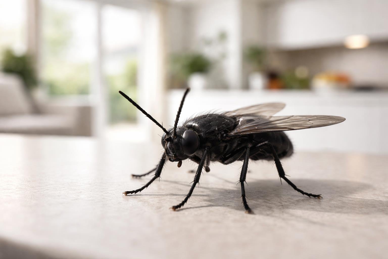 insecte-noir-surface-claire-arriere-plan-flou